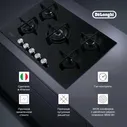 Газовая варочная панель DeLonghi NSL 575 NC RUS, 75 см, черная, стекло повышенной прочности, WOK-конфорка, автоматический розжиг, газ-контроль черный, черная, серебристый